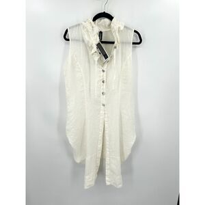 NWT INIZIO White 100% Linen Lagenlook Button Up Bubble Cardigan Tunic Top Medium
